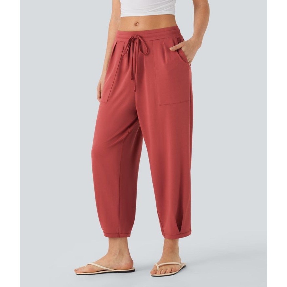 Halara Mid Rise Drawstring Tapered Joggers High Waisted Rust Red Pockets Small